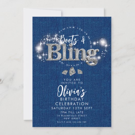Uitnodiging Denim Cowboylaarzen en Bling Feest (Voorkant)