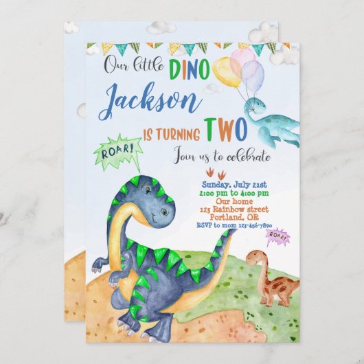 Uitnodiging Dinomite om de verjaardag van Dinosaur (Voorkant / Achterkant)