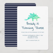 Uitnodiging Dinosaurus Feest Blauwe Streep (Voorkant / Achterkant)