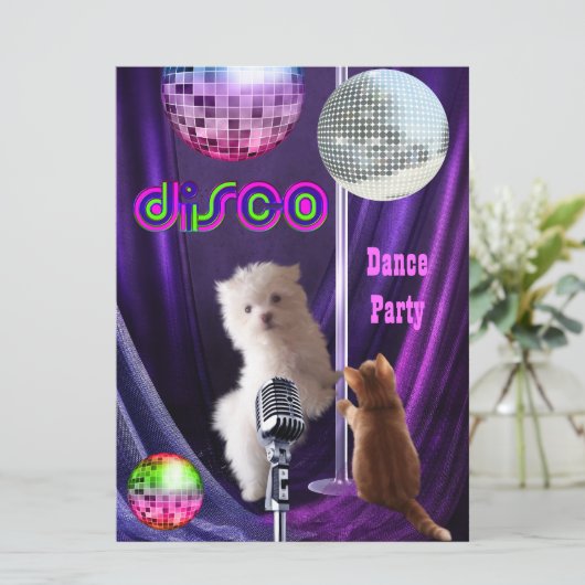 Uitnodiging Disco-partij Dog Cat Maltese Puppy (Staand voorkant)