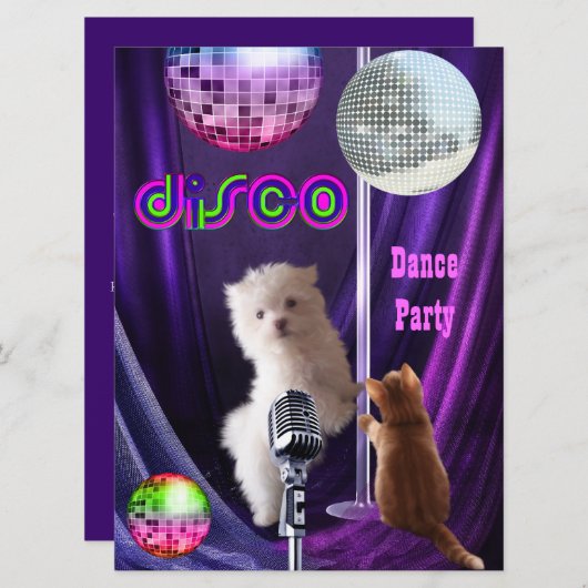 Uitnodiging Disco-partij Dog Cat Maltese Puppy (Voorkant / Achterkant)