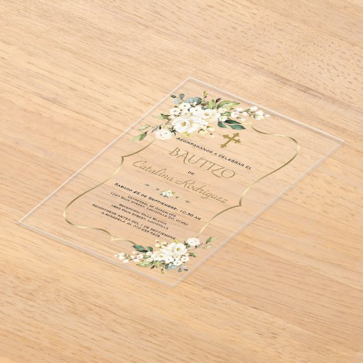 Uitnodiging Doop Met Bloemen Gouden Doopfeest Acryl Uitnodigingen (Laagn)