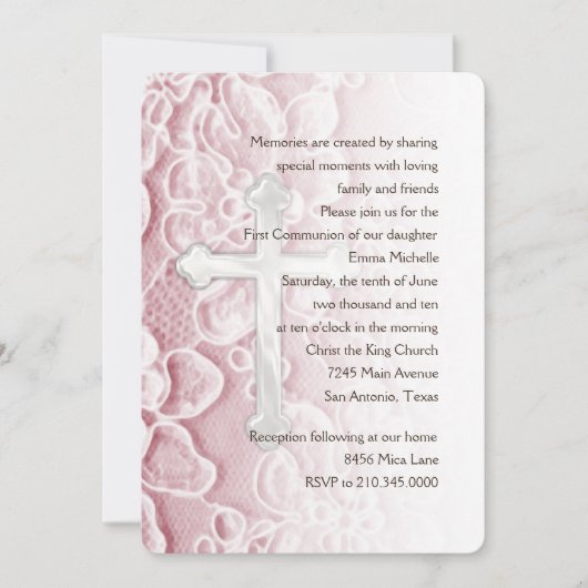 Uitnodiging eerste communiqué kant en kruisroze (Voorkant)