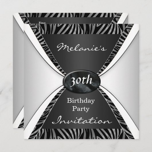 Uitnodiging Elegant Birthday 30th Zebra black Whit (Voorkant / Achterkant)