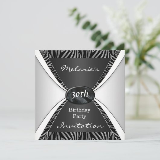 Uitnodiging Elegant Birthday 30th Zebra black Whit (Staand voorkant)