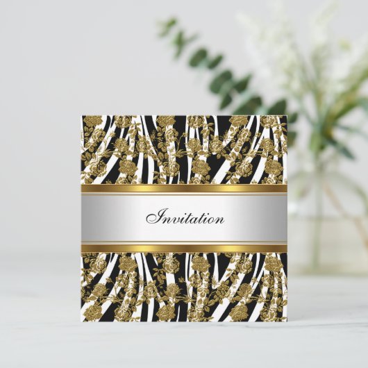 Uitnodiging Elegant Classy Gold Black Zebra Floral (Staand voorkant)
