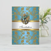 Uitnodiging Elegant Klasse Goud Teal Blauw Bloem (Staand voorkant)