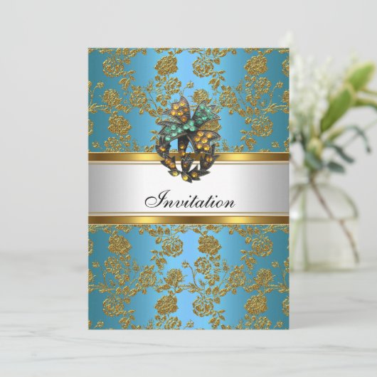 Uitnodiging Elegant Klasse Goud Teal Blauw Bloem (Staand voorkant)
