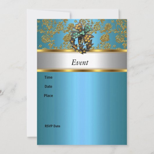 Uitnodiging Elegant Klasse Goud Teal Blauw Bloem (Achterkant)