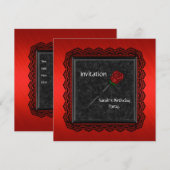 Uitnodiging Elegant Red Rose Black Lace (Voorkant / Achterkant)