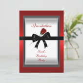 Uitnodiging Elegant Red Rose Black Ribbon Bow 3 (Staand voorkant)