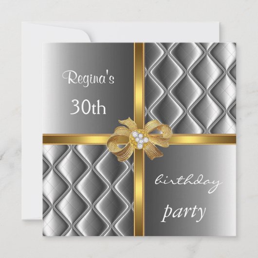 Uitnodiging Elegant Silver Silk Gold Bow Diamond (Voorkant)