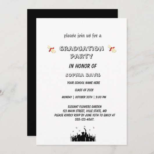 uitnodiging Elegant zwart-wit afstudeerfeest (Voorkant / Achterkant)