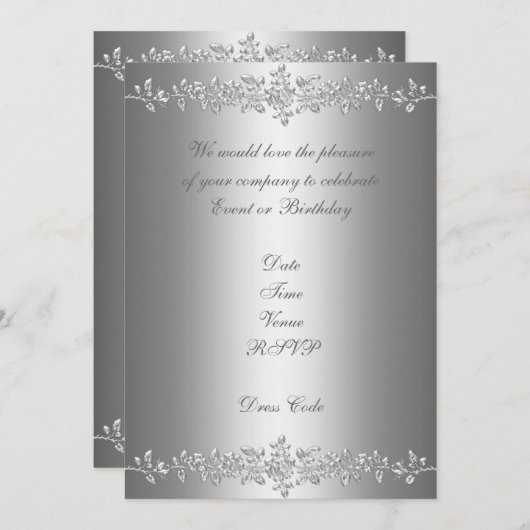 Uitnodiging Elegante Verjaardag Grijs Zilver Roos  (Voorkant / Achterkant)