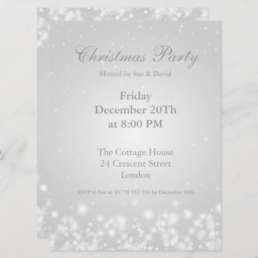 Uitnodiging Feestje Wit Elegante Winter Glans (Voorkant / Achterkant)