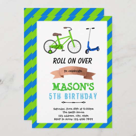 Uitnodiging fiets en scooter wiel plezierfeest (Voorkant / Achterkant)