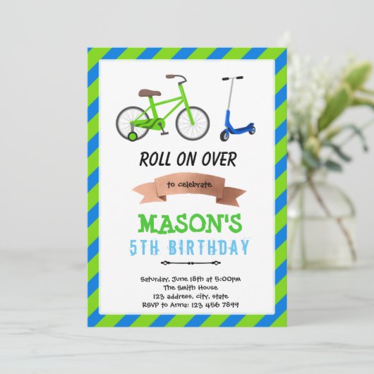 Uitnodiging fiets- en scooterwiel plezierfeest (Staand voorkant)