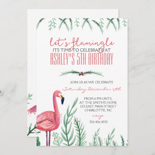 Uitnodiging Flamingo BIRTHDAY-partij (Voorkant / Achterkant)