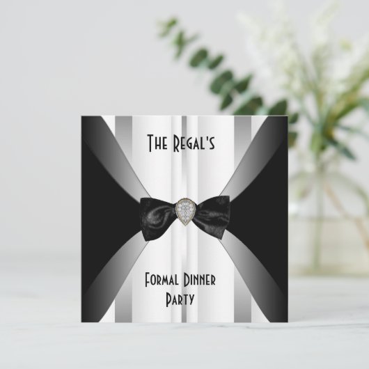 Uitnodiging Formele Dinner Black White Silver Bow (Staand voorkant)
