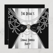 Uitnodiging Formele Dinner Black White Silver Bow (Voorkant / Achterkant)