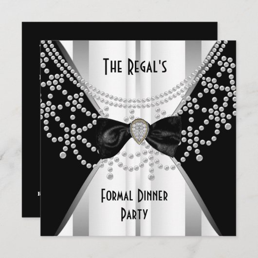 Uitnodiging Formele Dinner Black White Silver Bow (Voorkant / Achterkant)