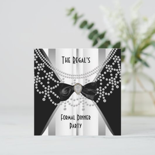 Uitnodiging Formele Dinner Black White Silver Bow (Staand voorkant)
