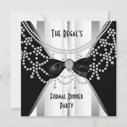 Uitnodiging Formele Dinner Black White Silver Bow (Voorkant)