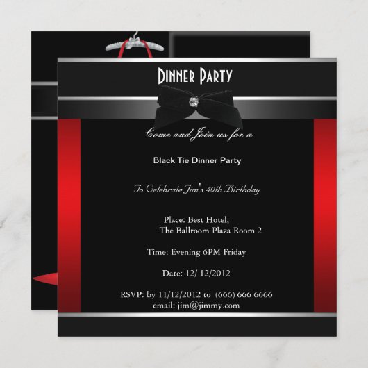 Uitnodiging Formele Zwarte Stropdas Birthday Dinne (Voorkant / Achterkant)