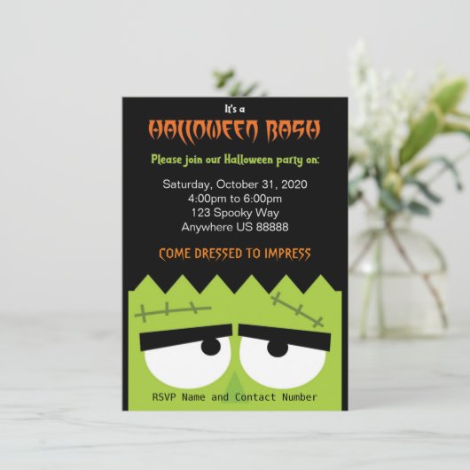 Uitnodiging Frankenstein Halloween Party (Staand voorkant)