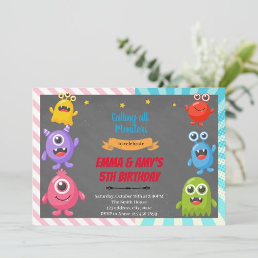 Uitnodiging gezamenlijk feest voor monster jongen  (Staand voorkant)