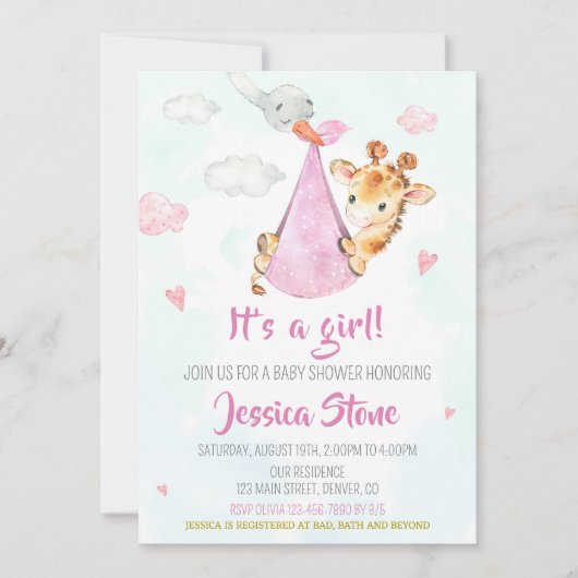 Uitnodiging Giraffe voor baby shower in winkel (Voorkant)