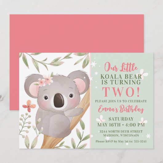 Uitnodiging Girls Koala Birthday Party (Voorkant / Achterkant)