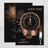 Uitnodiging Glitter Gold New Year Klock Party (Voorkant / Achterkant)