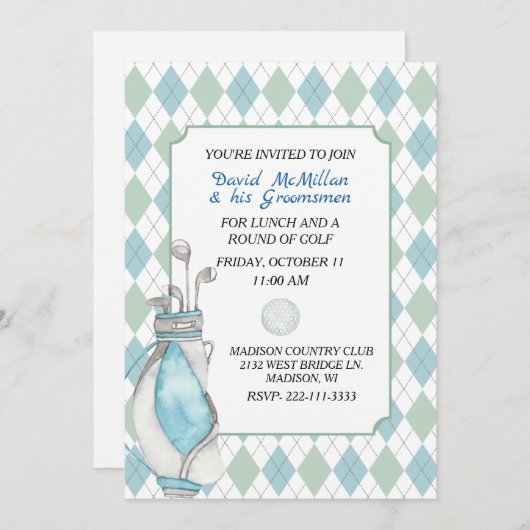 Uitnodiging Golf Party van Argyle Pattern Groom te (Voorkant / Achterkant)