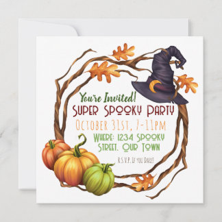 Uitnodiging Halloweenfeest Pompoen Heks Vierkant