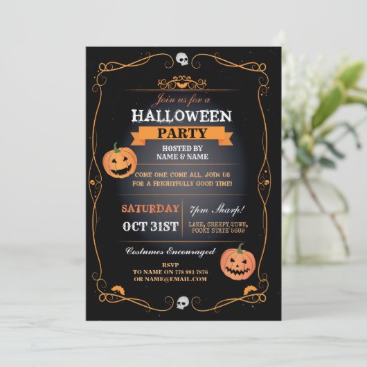 Uitnodiging Halloweenfeest Pompoenen Griezelfeest (Staand voorkant)