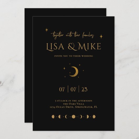 Uitnodiging in Black & Gold Moon-fase (Voorkant / Achterkant)