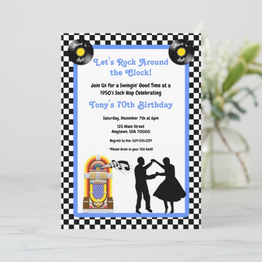 Uitnodiging jaren 50, Sock Hop, Rock and Roll, 50s (Staand voorkant)