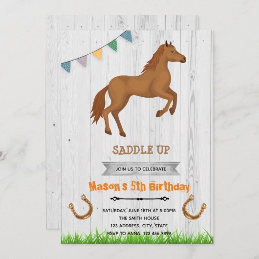 Uitnodiging jongens paard thema feest (Voorkant / Achterkant)