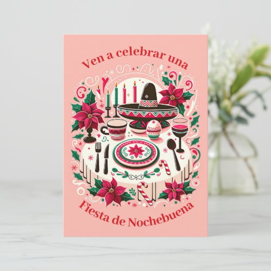 Uitnodiging Kerstfeest Spaanse Poinsettia (Staand voorkant)