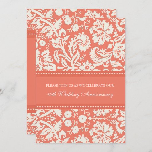Uitnodiging Koraal Damast 10-jarig jubileumfeest (Voorkant / Achterkant)