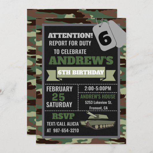 Uitnodiging leger, militaire verjaardagsuitnodigin (Voorkant / Achterkant)
