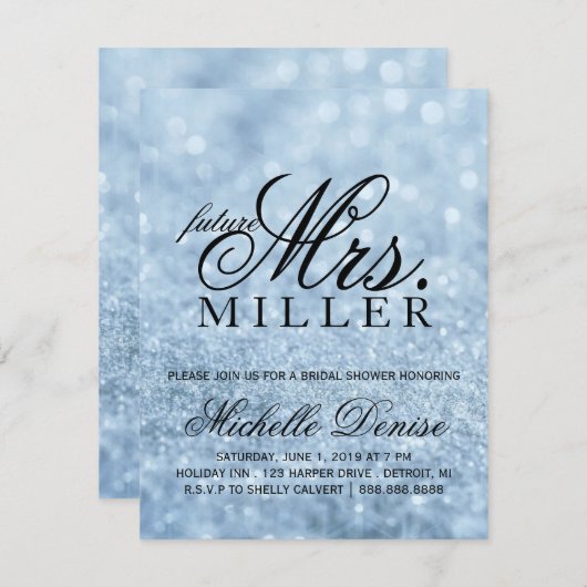 Uitnodiging - Lit Blue Glit Fab future Mrs Bridal (Voorkant / Achterkant)