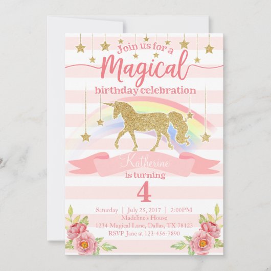 Uitnodiging Magical Rainbow Unicorn Birthday Party (Voorkant)