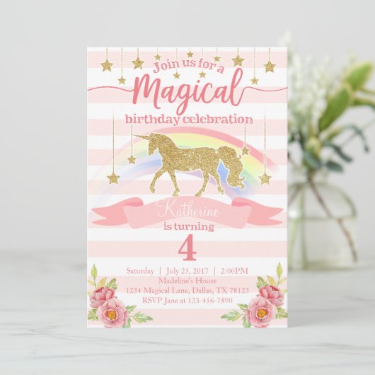 Uitnodiging Magical Rainbow Unicorn Birthday Party (Staand voorkant)