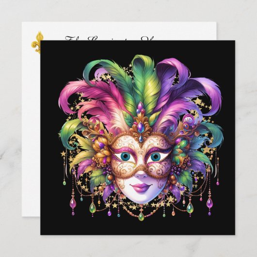 Uitnodiging Mardi Gras Masquerade Party (Voorkant / Achterkant)