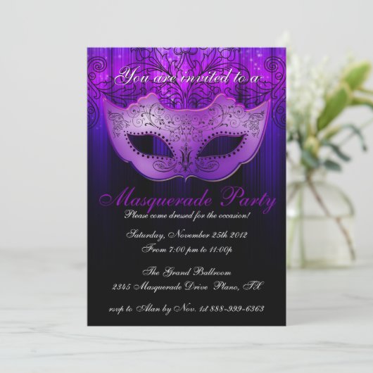 Uitnodiging Masquerade Feest Blauw & Paars (Staand voorkant)