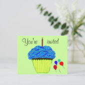 Uitnodiging met blauwe Cupcake-ballon voor de eers (Staand voorkant)