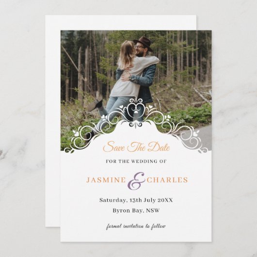 Uitnodiging met cursieve rand en foto om de datum (Voorkant / Achterkant)