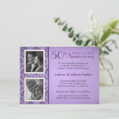 Uitnodiging met vintage damast en twee foto's voor (Staand voorkant)